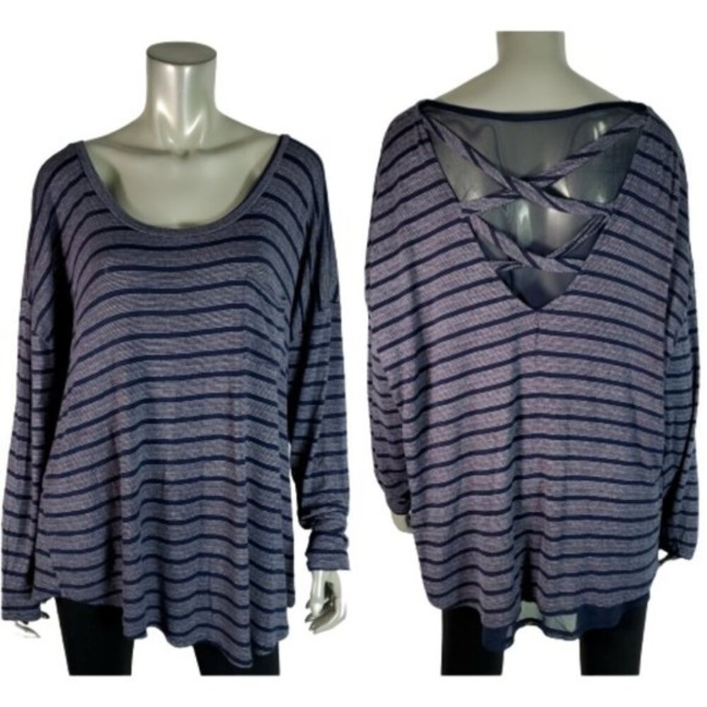 Loralette Pocket Tee Plus Size 2X Mesh Back Stretch Stripe Long Sleeve Blue